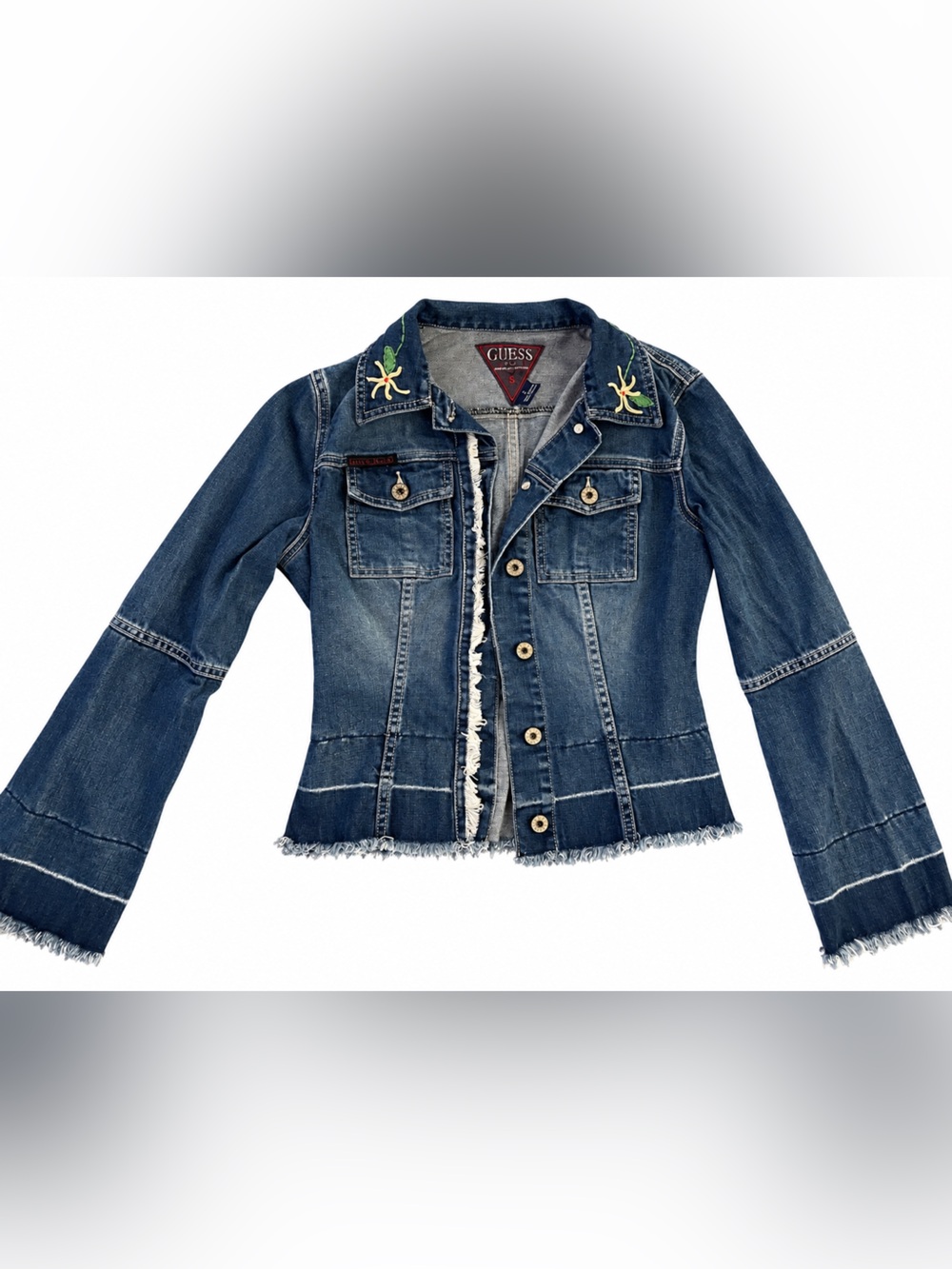 Vintage GUESS Dark Blue Denim Jacket with Embroidered flower Accents